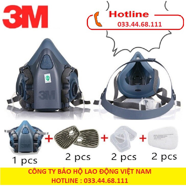 Bộ mặt nạ phòng độc 3.M 7502 gồm 1 mặt nạ + kính bảo hộ + 2 phin lọc + 2 bông lọc