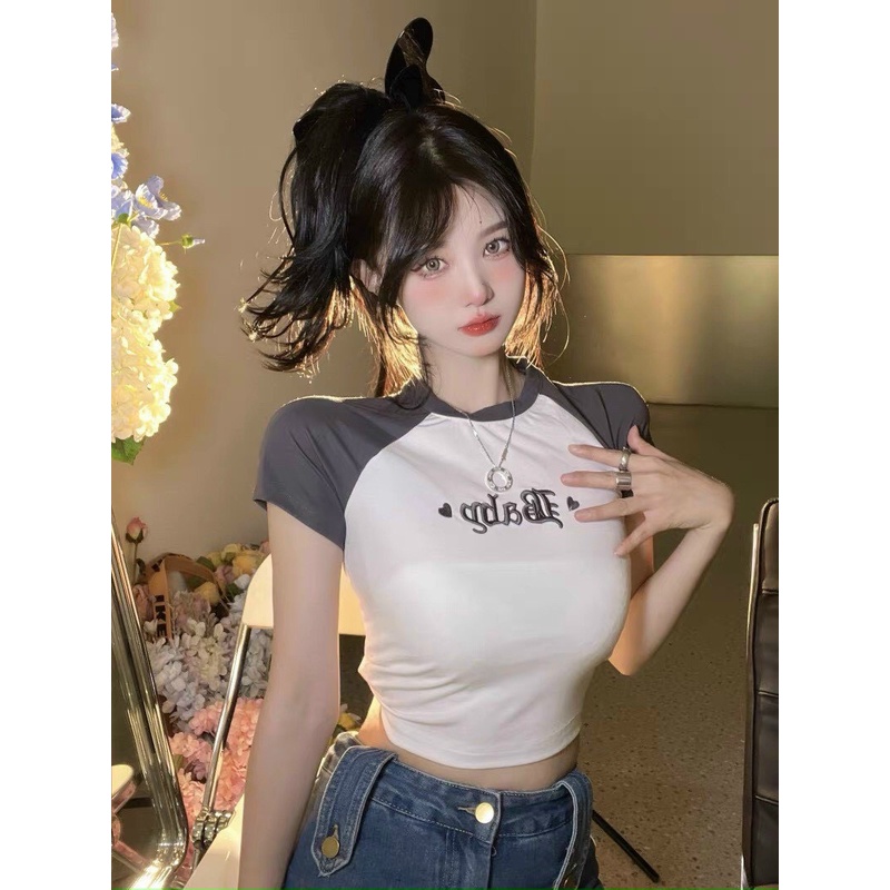 Á CROPTOP KIỂU LỬNG NỮ CỔ TRÒN TAY NGẮN THÊU CHỮ TRUNG MÀU TRẮNG PHỐI TAY NÂU TAY XÁM SIÊU THỜI TRANG CỰC PHÁ CÁCH NITI