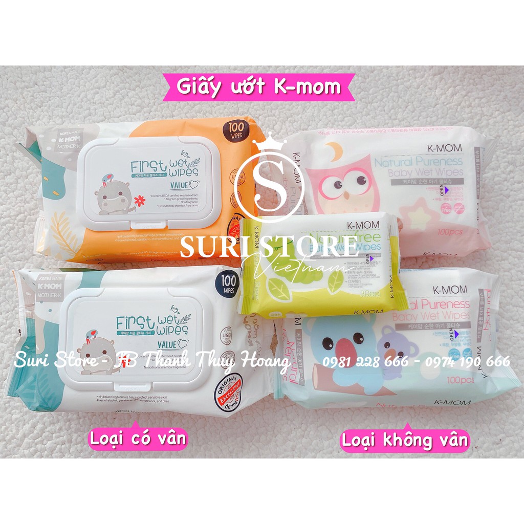 Giấy ướt Hàn Quốc K-mom vân nổi có nắp (100 tờ/bịch)