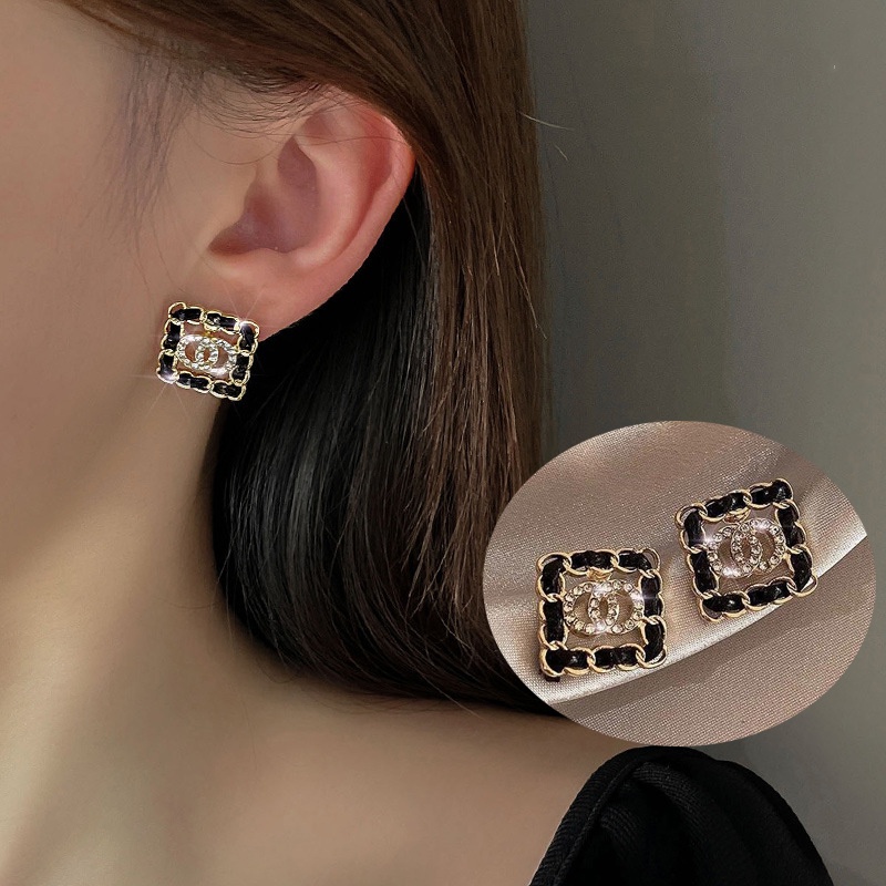 Khuyên Tai Da Hình Vuông Đính Đá Phong Cách Hàn Quốc Thời Trang