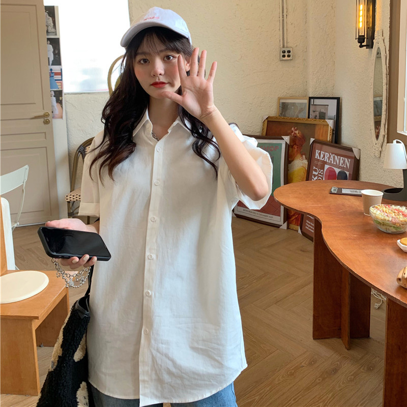 Áo sơ mi tay ngắn màu trơn phong cách retro Hàn Quốc dành cho nữ