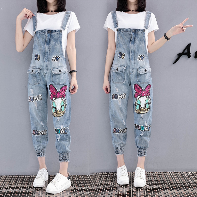 Quần Yếm Denim Họa Tiết Hoạt Hình Đính Kim Sa Thời Trang 2020 Cho Nữ