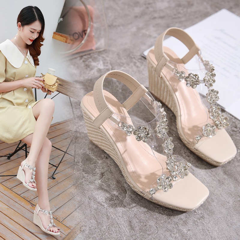 Sandal đế xuồng đính đá siêu sang cao 8cm size 34/40 130520(Hàng oder chuẩn hình 100%)