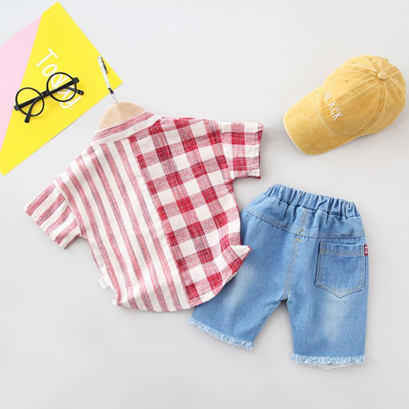 Set áo sơ mi tay ngắn và quần jean lưng thun phối rách cá tính thời trang cho bé trai