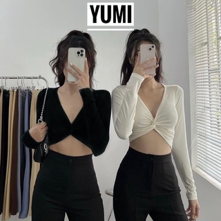 Áo Croptop Cổ V Tay Dài Xoắn Ngực Cổ V Chất Gân Co Giãn Gợi Cảm