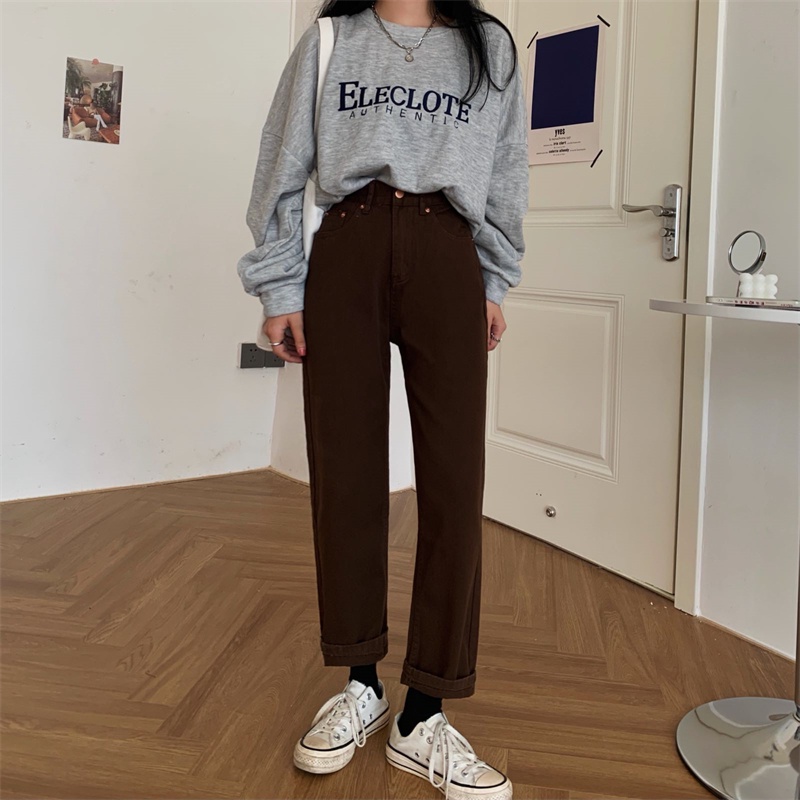 Xiaozhainv Quần Jean Ống Suông Lưng Cao Màu Nâu Thời Trang Hàn Quốc Cho Nữ