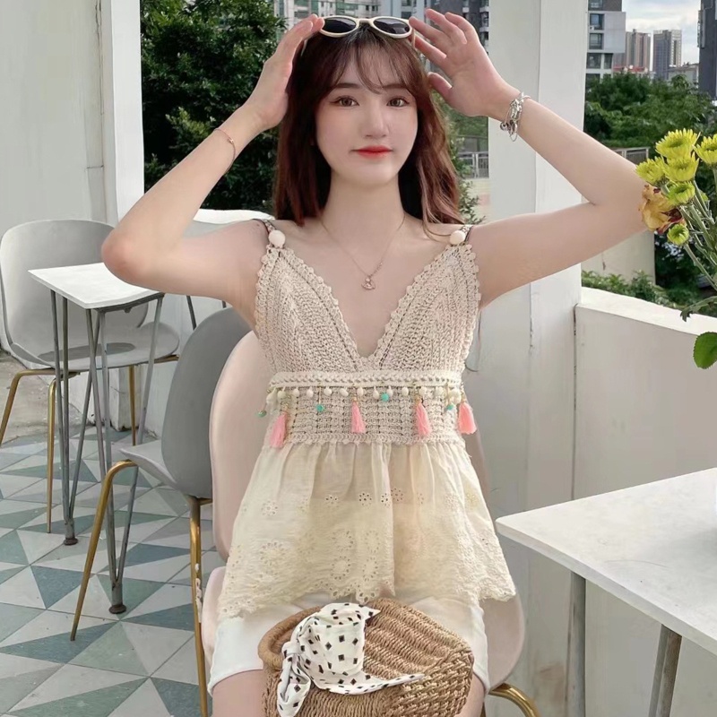 Áo Dệt Kim Peplum Hai Dây Cổ Chữ V Phối Tua Rua Thêu Họa Tiết Phong Cách Boho Thời Trang Mùa Hè Cho Nữ