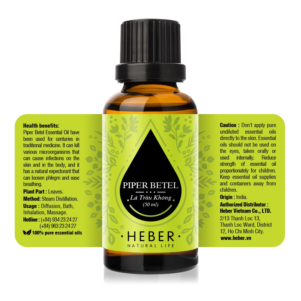 Tinh Dầu Lá Trầu Không Piper Betel Heber Natural Life, Cao Cấp Nhập Khẩu, Thiên Nhiên Nguyên Chất, Chai 10ml/30ml/50ml