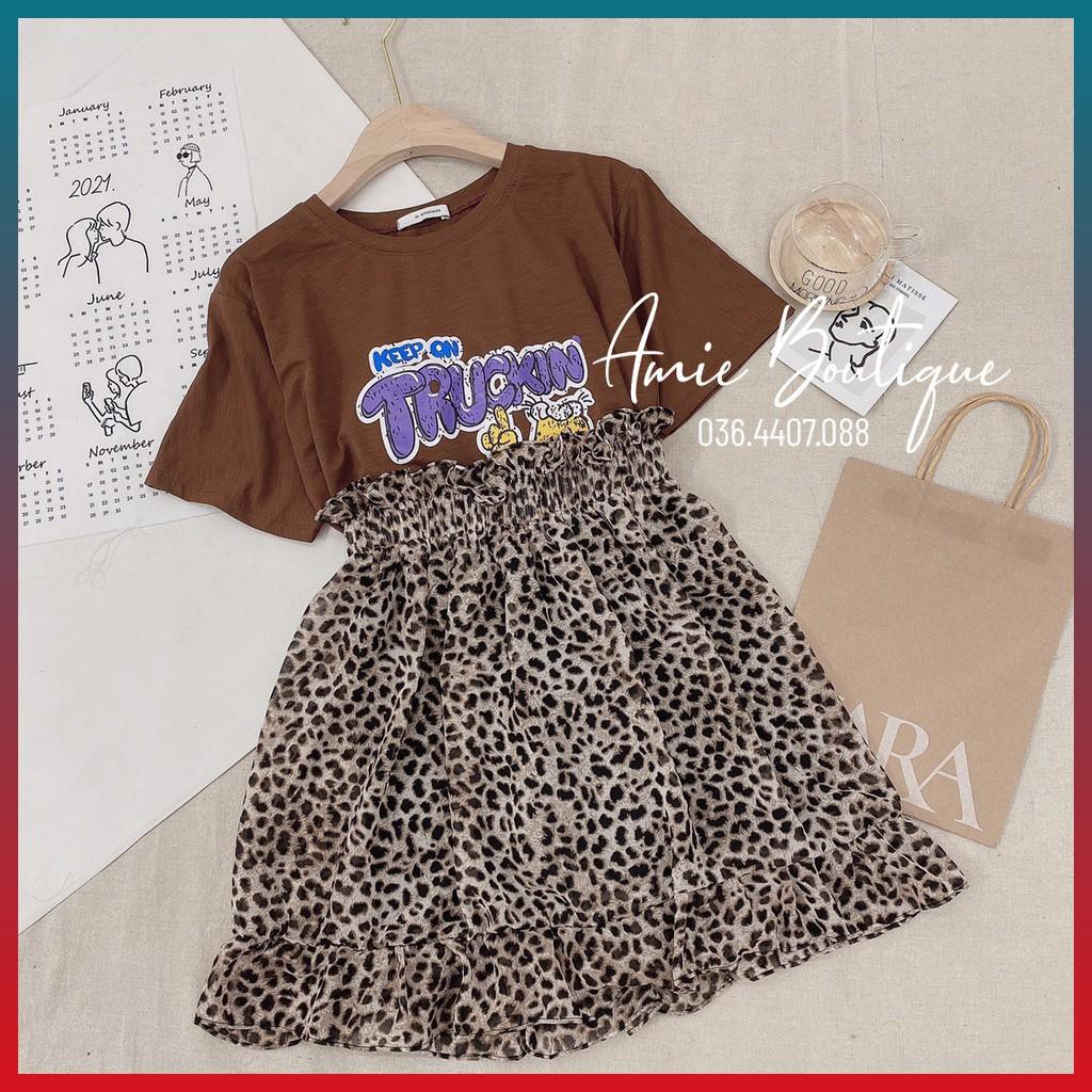 Set Áo Thun Nữ Chân Váy Báo Set Áo Phông Chân Váy Da Beo Lụa Von Xoè Có Lót Quần Trong Hàng PC | BigBuy360 - bigbuy360.vn