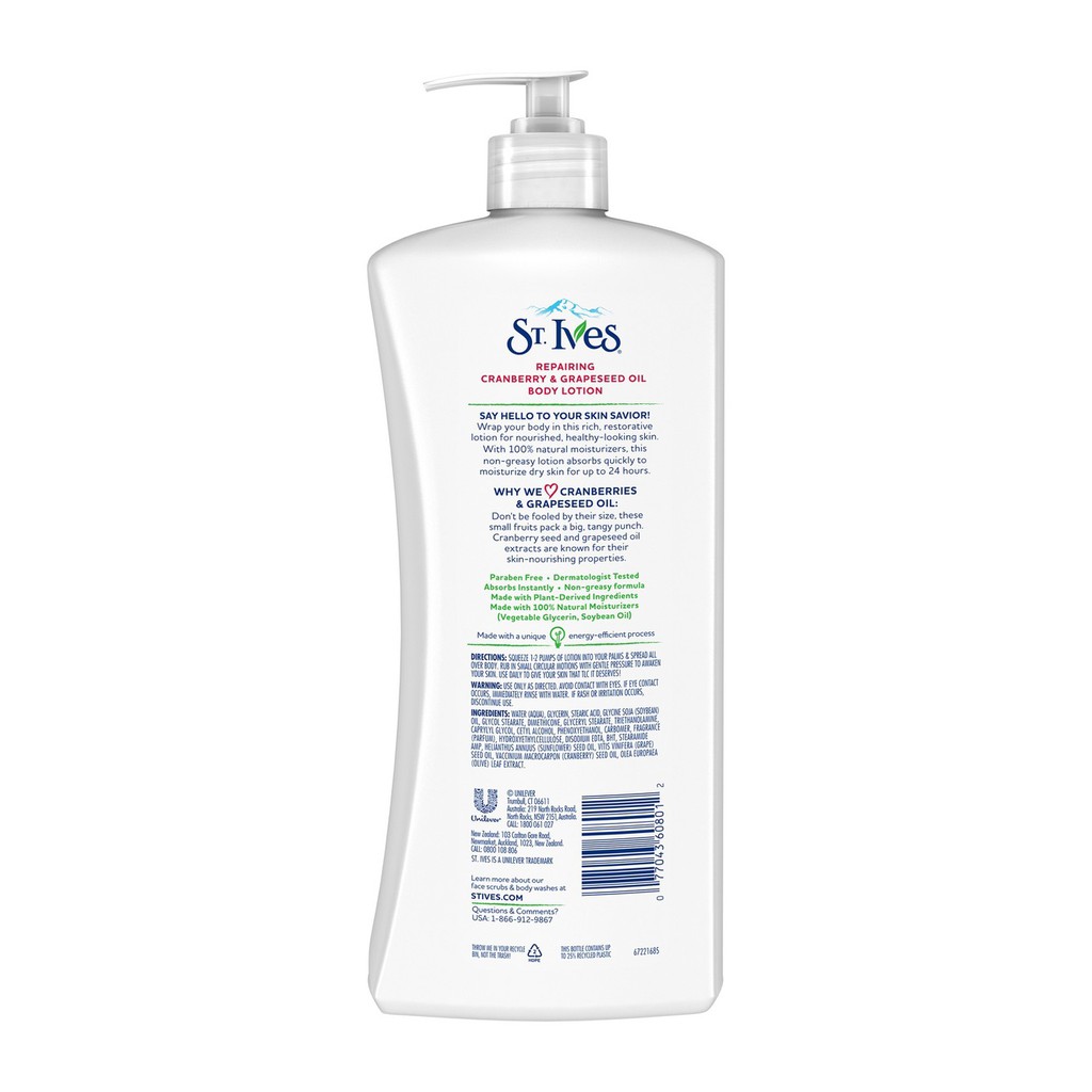 Dưỡng thể giúp phục hồi da St. Ives Repairing Body Lotion Cranberry and Grapeseed Oil 621ml (Hàng nhập Mỹ)