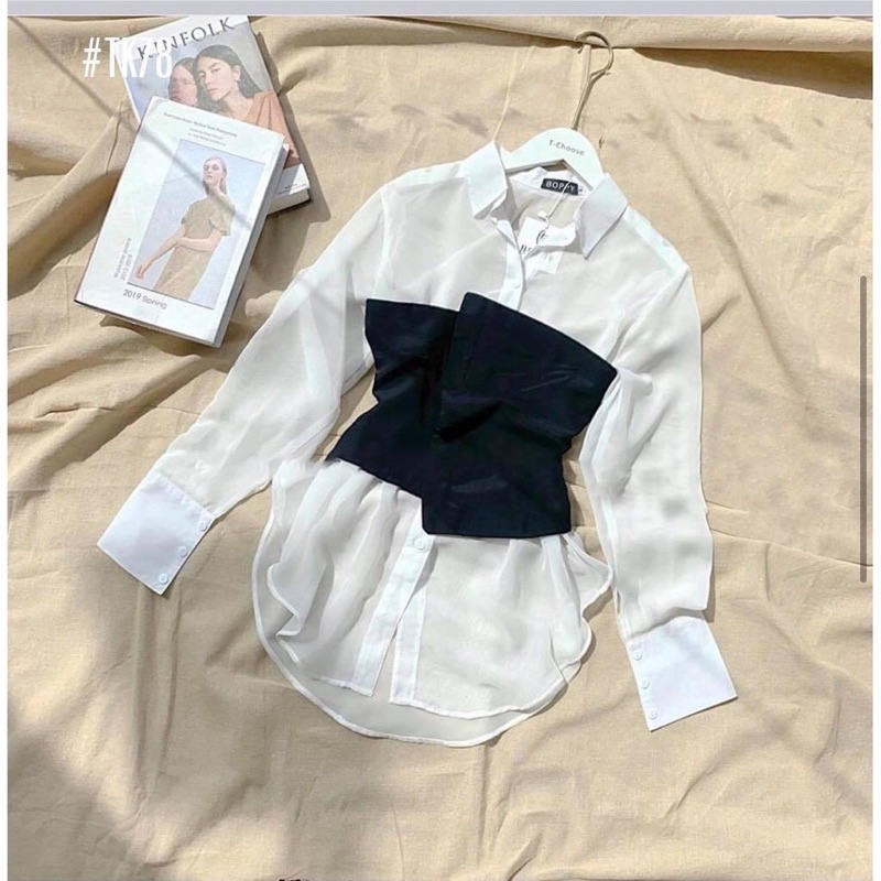 Set Áo Sơ Mi Trắng + Áo Ống Đen (Set Rời) Áo sơ mi lụa nữ tay dài công sở hàn quốc thiết kế, áo ống lưng chun co giãn