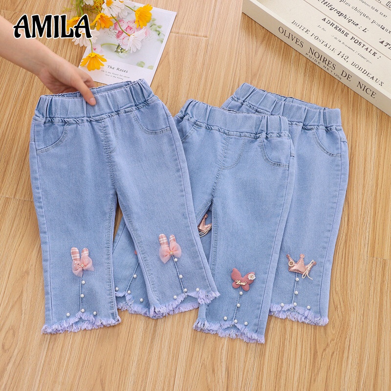 Quần jean dài AMILA Phong cách hàn quốc quần ống rộng mùa hè mỏng crop