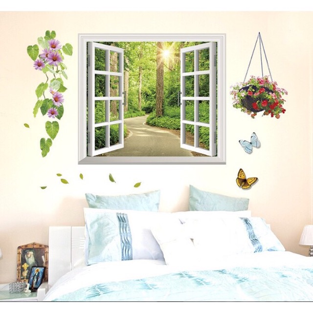 Decal trang trí tường - Bộ Cửa sổ con đường cong và hàng rào trắng cỏ may mắn ( 2 TẤM )