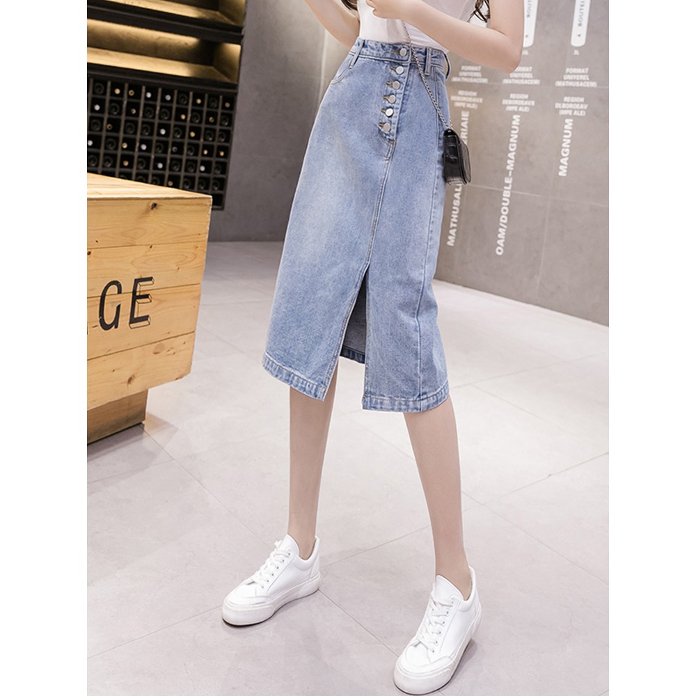 Sẵn S, M, L Lên đồ shop  Chân váy bò Denim cạp cao đính khuy lệch xẻ tà