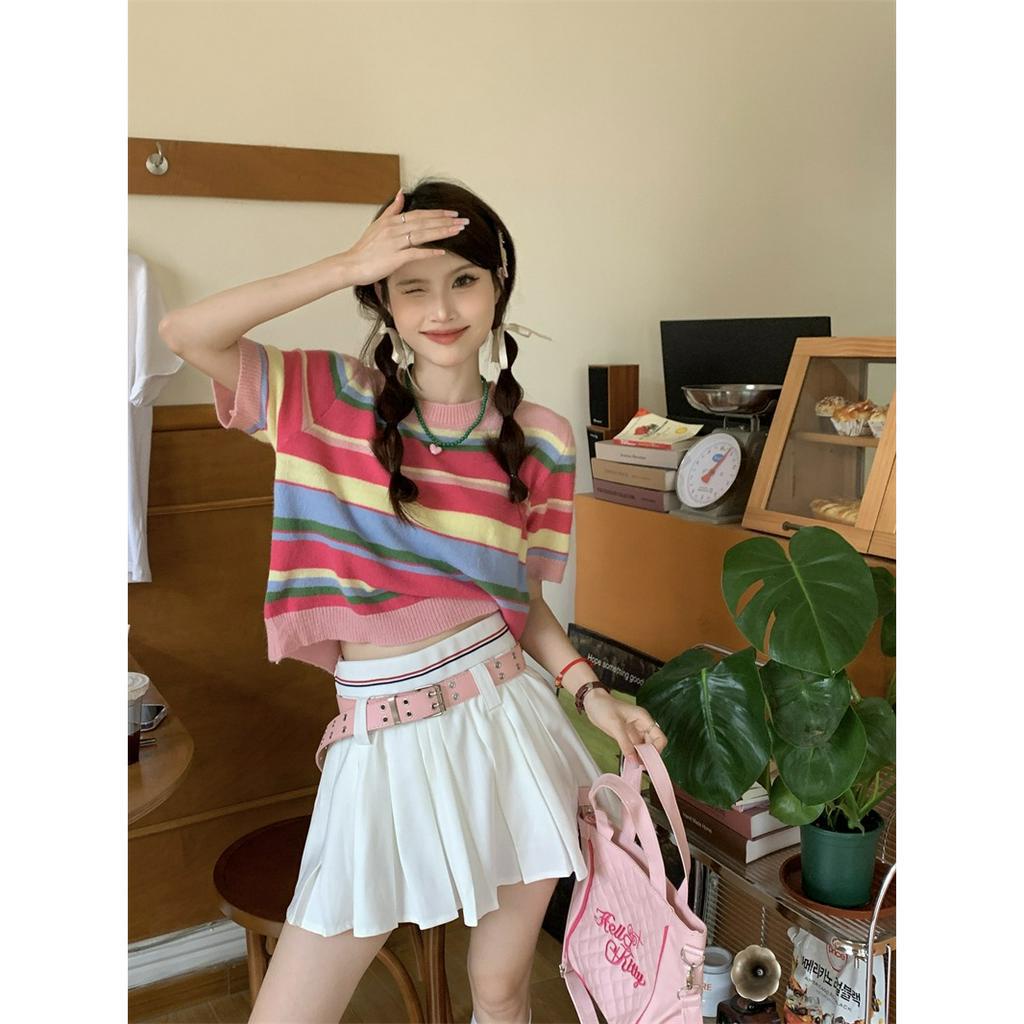 ZHELIHANGFEI Áo Sweater Tay Ngắn Dáng Rộng Họa Tiết Kẻ Sọc Nhiều Màu Sắc Mỏng Nhẹ Thời Trang Xinh Xắn Cho Nữ