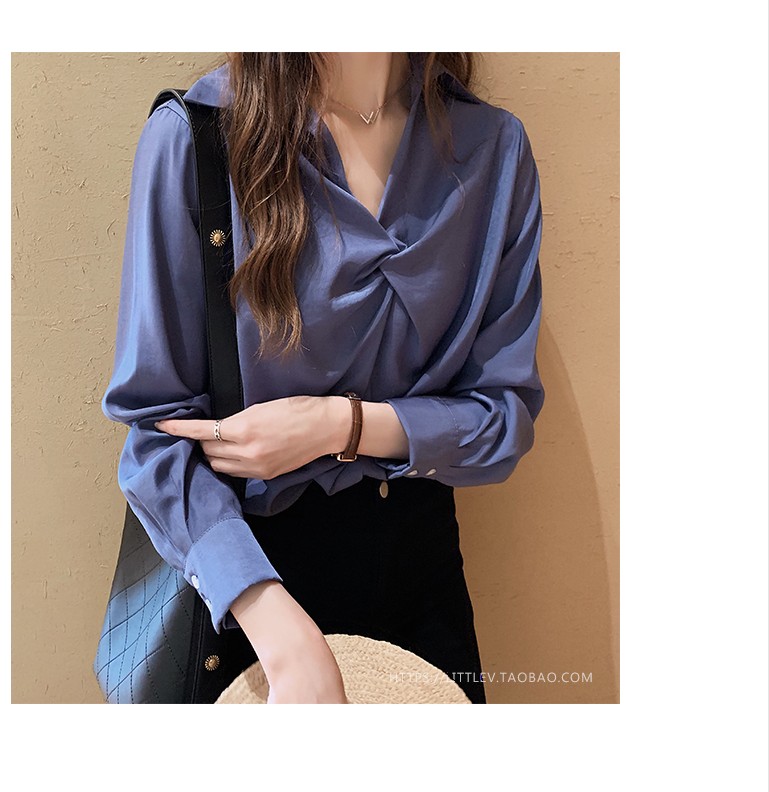 Áo sơ mi tay dài cổ chữ V thiết kế thắt nút thời trang cho nữ