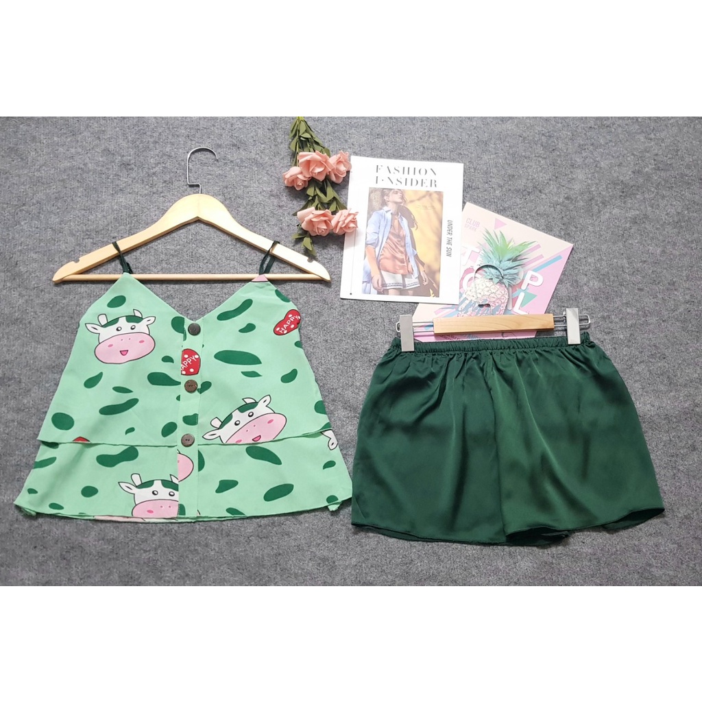 Đồ ngủ nữ, bộ mặc nhà 2 dây chất lụa phối satin, kiểu dáng dễ thương, chất vải mát, phom dưới 50kg | BigBuy360 - bigbuy360.vn