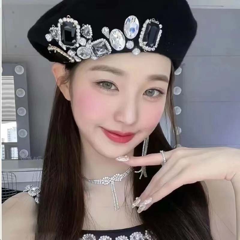 Mũ Beret Len Đính Đá Phong Cách Thời Trang Thu Đông Hàn Quốc