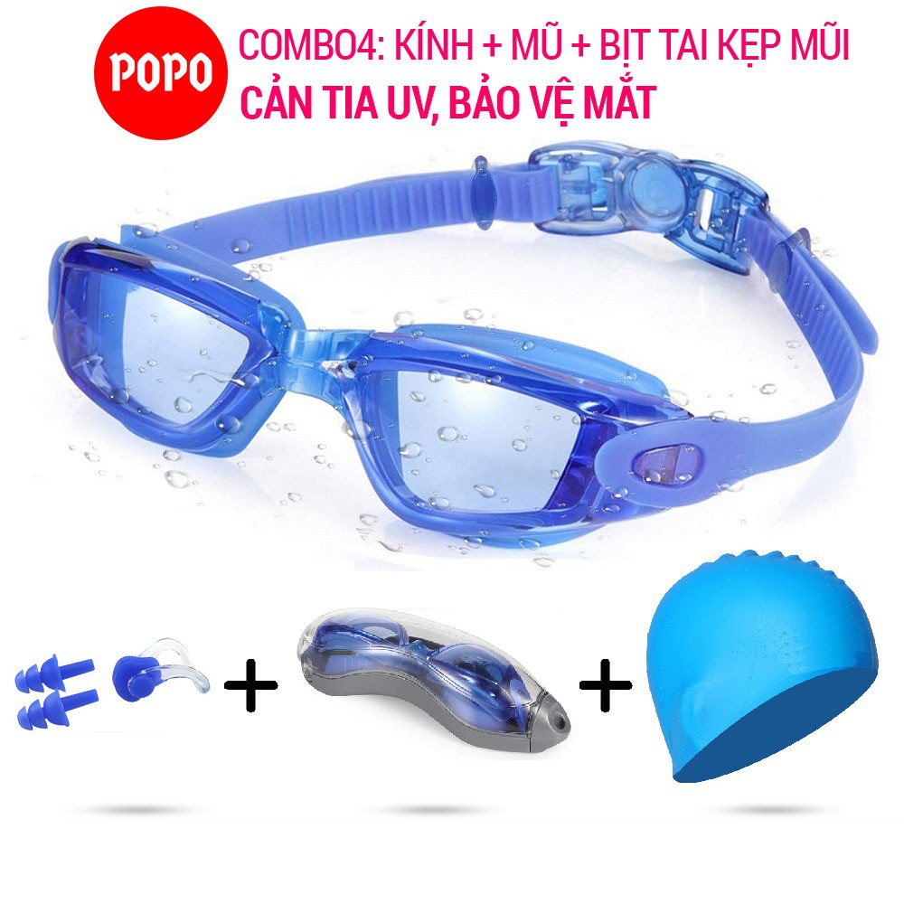 Kính bơi, mũ bơi trơn, bịt tai kẹp mũi POPO 2360 mắt trong chống tia UV chống sương mờ