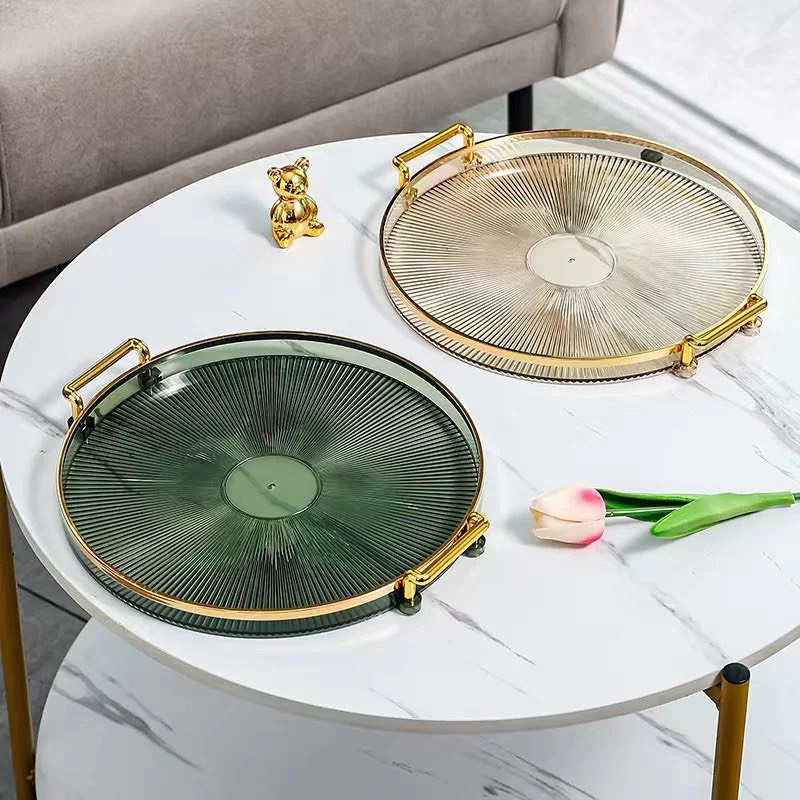 Khay đựng đồ hình tròn có tay cầm viền vàng sang trọng chất liệu nhựa Acrylic cao cấp - VS328