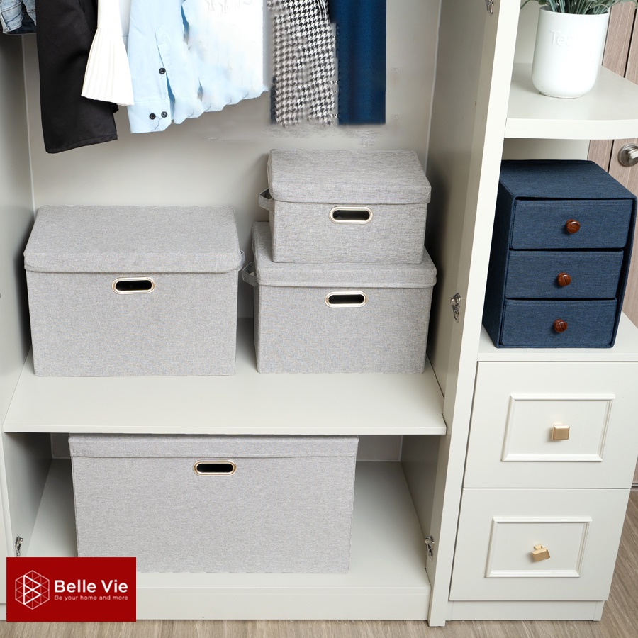 Hộp Vải Đựng Quần Áo Cao Cấp BELLEVIE Thùng Vải Đừng Đồ Đa Năng Gồm 2 Quai Inox Gấp Gọn Tiện Lợi