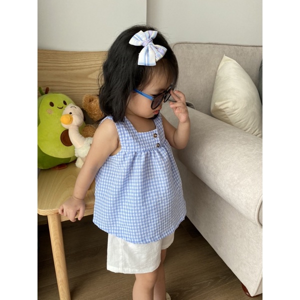 Bộ sát nách cổ vuông dáng baby doll caro xanh cho bé gái MIAN Baby