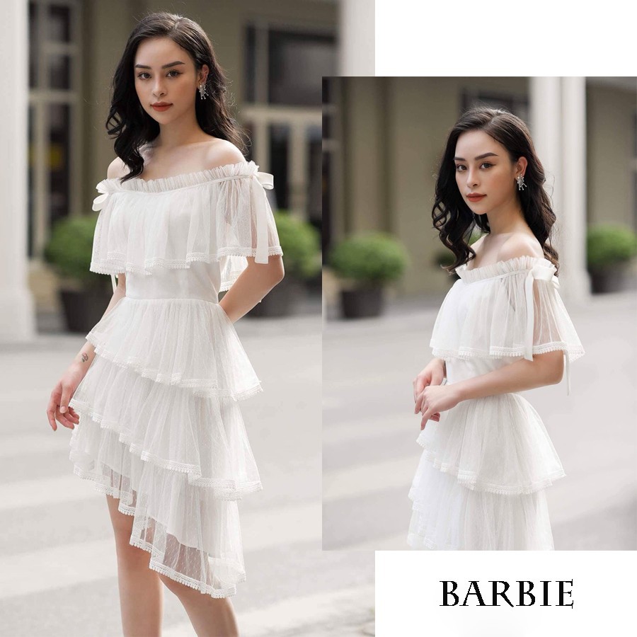 Đầm ren dự tiệc thiết kế dáng xòe, tà xéo, 2 màu trắng đen sang trọng thích hợp chụp ảnh cưới (kèm feed back KH) Barbie