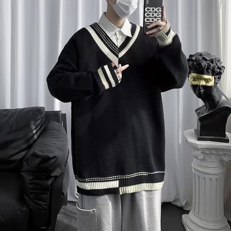 Áo len tay dài cổ chữ V thời trang thu đông phong cách Nhật Bản dành cho nam size M-2XL