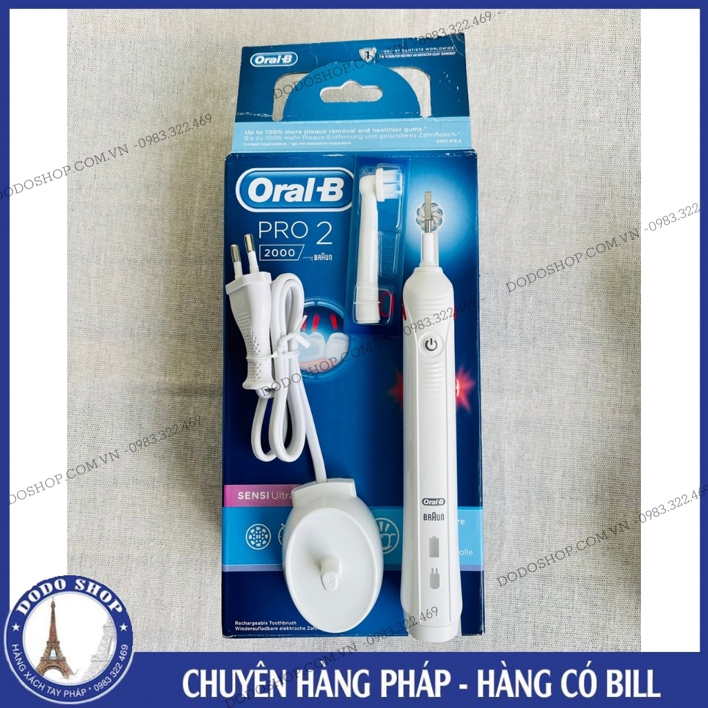 Bàn chải đánh răng điện tự động Oral B Pro 2000 trắng làm sạch răng, hạn chế viêm nướu