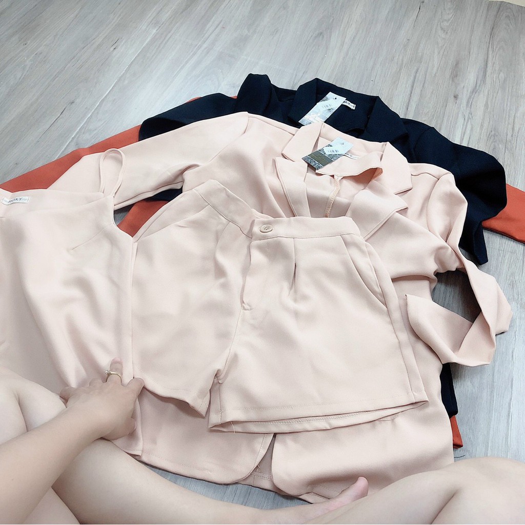 [ KÈM VIDEO] Set áo vest phối quần short ống rộng kèm 2 dây siêu xịn- vải tuyết mưa dày dặn