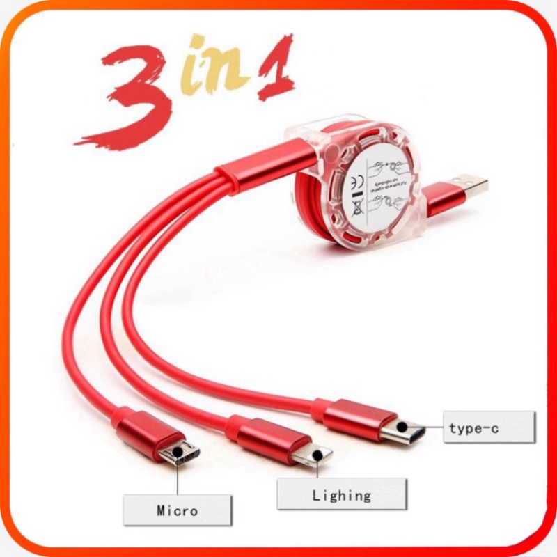 Cáp Sạc rút tròn đa năng 3 Đầu, 3 IN 1 SẠC NHANH, Dây Cao Cấp Siêu Bền Booboo.shop01