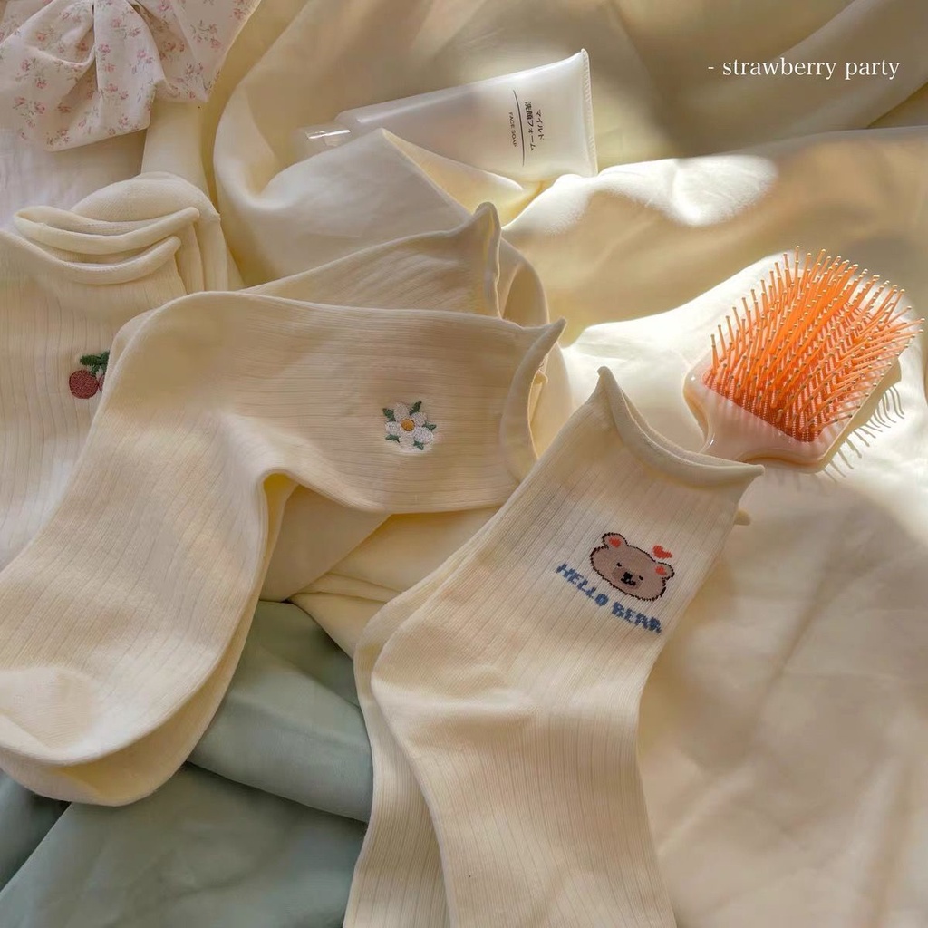 Vớ Ống Trung Viền Xoăn In Họa Tiết Hoa Anh Đào / Gấu Hoạt Hình Mềm Mại Phong Cách Nhật Bản 20