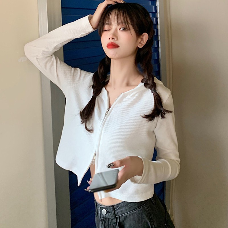 Áo Khoác Cardigan Dệt Kim Tay Dài Màu Trơn Phối Khóa Kéo Cá Tính Cho Nữ