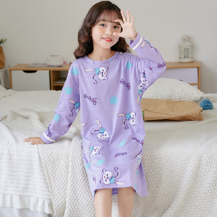 Đầm Ngủ Tay Dài Chất Cotton In Họa Tiết Hoạt Hình Dễ Thương Cho Bé Gái