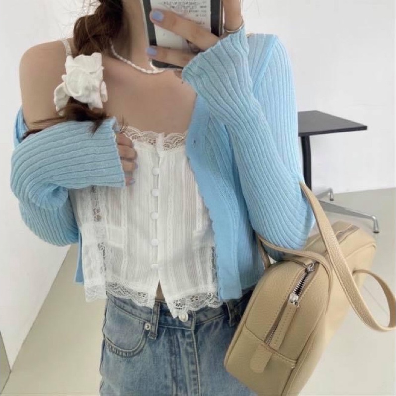 Áo ren hai dây croptop nữ kiểu ngắn kèm áo khoác cardigan len tay dài - Order taobao quảng châu
