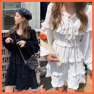 Váy viền bèo nữ 🦋 đầm nữ buộc nơ viền tầng 2 màu đen trắng 🦋