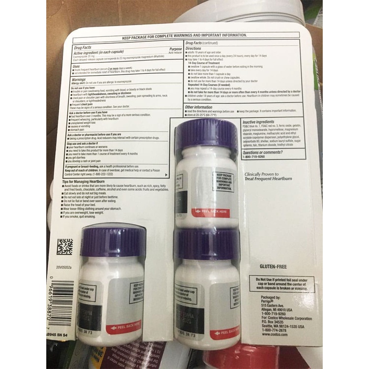 Viên uống giảm axit dạ dày, ợ nóng Kirkland Signature Esomeprazole Magnesium 20mg 42 Capsules