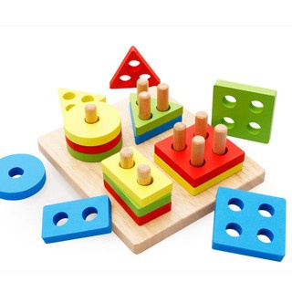 Đồ chơi thả cọc 4 trụ phân loại hình khối bằng gỗ tự nhiên cho bé 1-3 tuổi