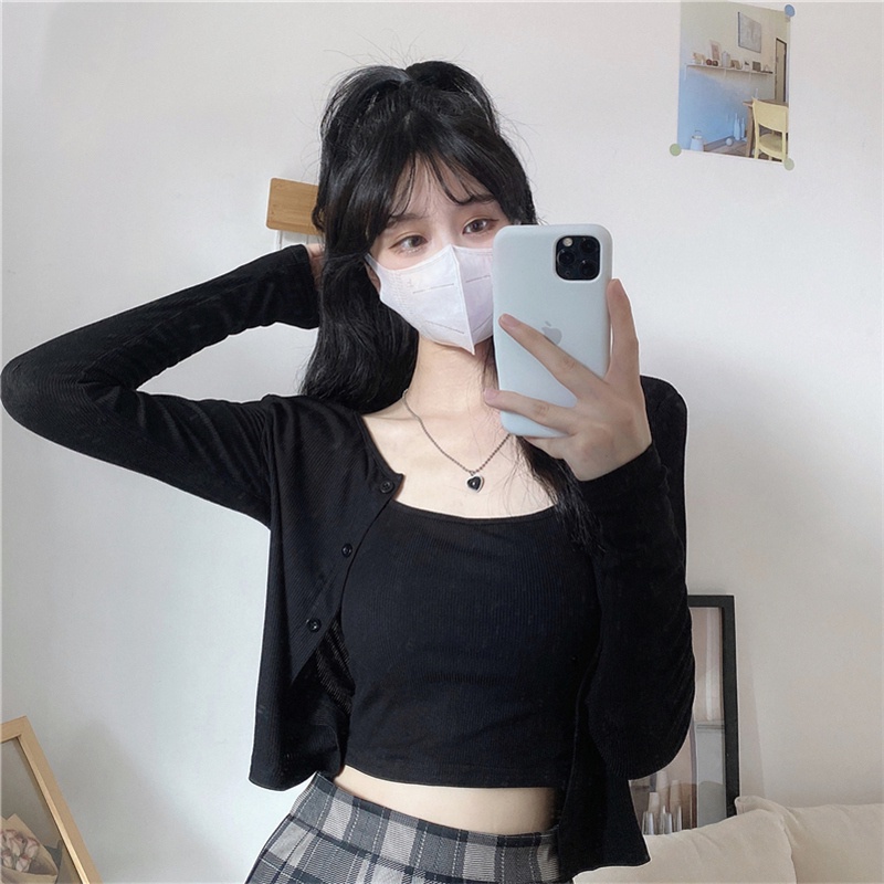 SUXI Set Áo Hai Dây + Áo Khoác Cardigan Mỏng Tay Dài Thời Trang Mùa Thu Cho Nữ