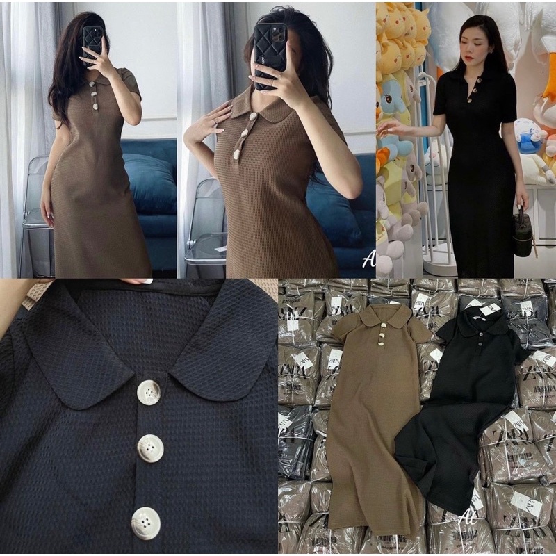 Đầm cổ sen nút ngực dáng suông kèm ảnh thật shop chụp