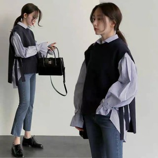(ORDER)	 Set áo sơ mi kẻ sọc phối gile len Hàn Quốc
