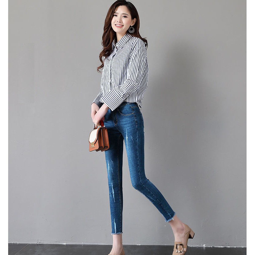 Quần jeans 9 tấc tấc nữ cào xước lai tua co giãn