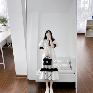 Váy babydoll trắng viền đen - Đầm xuông tay bồng dáng dài, bầu bí bon chen thoải mái