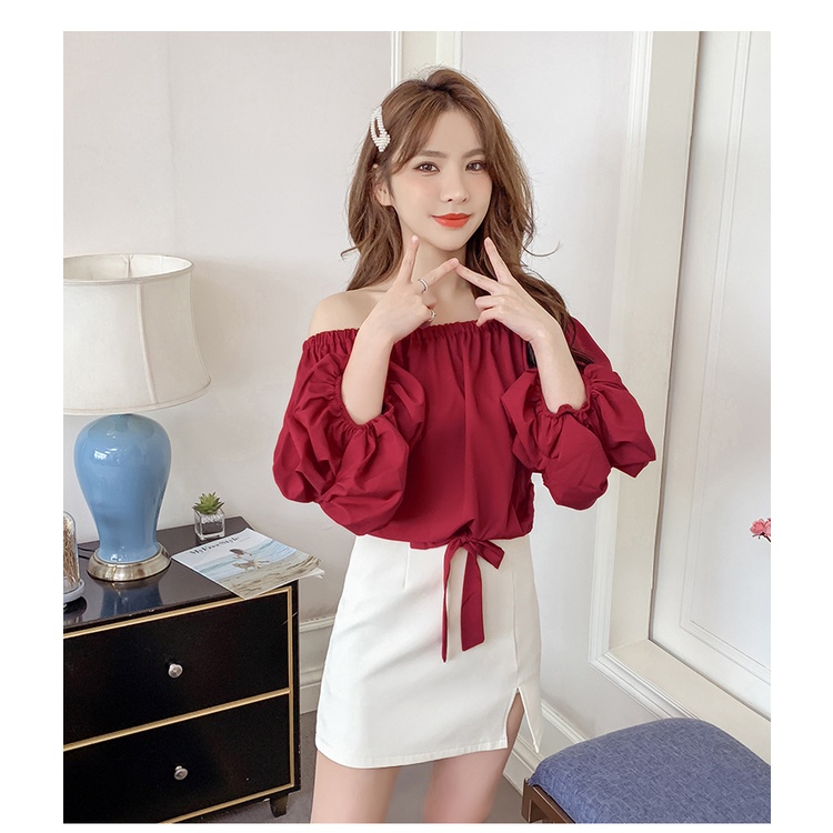 Áo trễ vai bo nơ tay bồng tiểu thư dễ thương