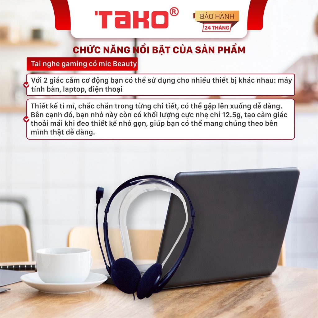 Tai nghe Beauty chụp tai chơi game có mic, có dây. Chính hãng Tako, BH 6 tháng