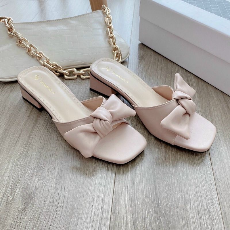 Guốc Dép Cao Gót Nữ Quai Nơ Đế Vuông 4P Siêu Xinh- mã SD36