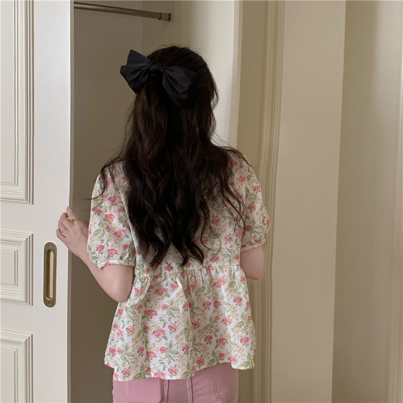 Salty Áo Sơ Mi Ngắn Tay Phồng Ngọt Ngào Giảm Tuổi Hình Hoa Cho Nữ