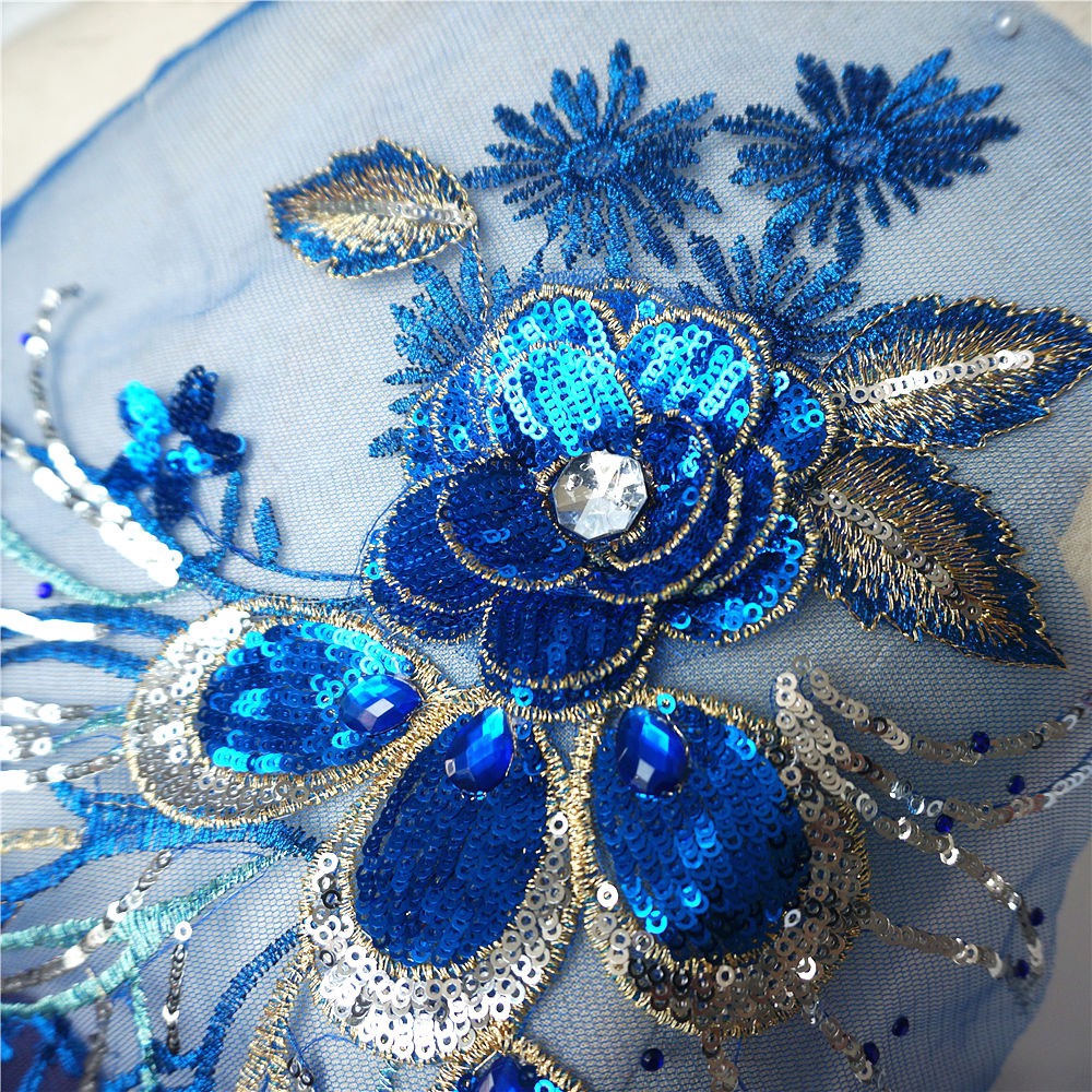 Miếng Vải Ren Thêu Hình Lông Công Đính Kim Sa Lấp Lánh Trang Trí Váy Cưới diy