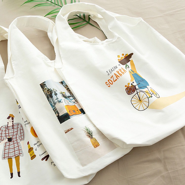 Túi tote vải canvas ngăn to rộng rãi xinh xắn, Túi vải bố quai tròn đi học đi chơi tiện dụng