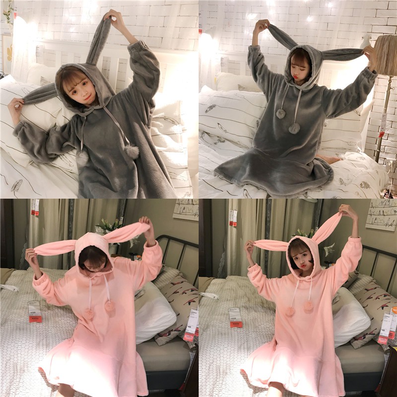 [ Có sẵn ] Váy ngủ bông ulzzang tai thỏ ( 2 mầu)